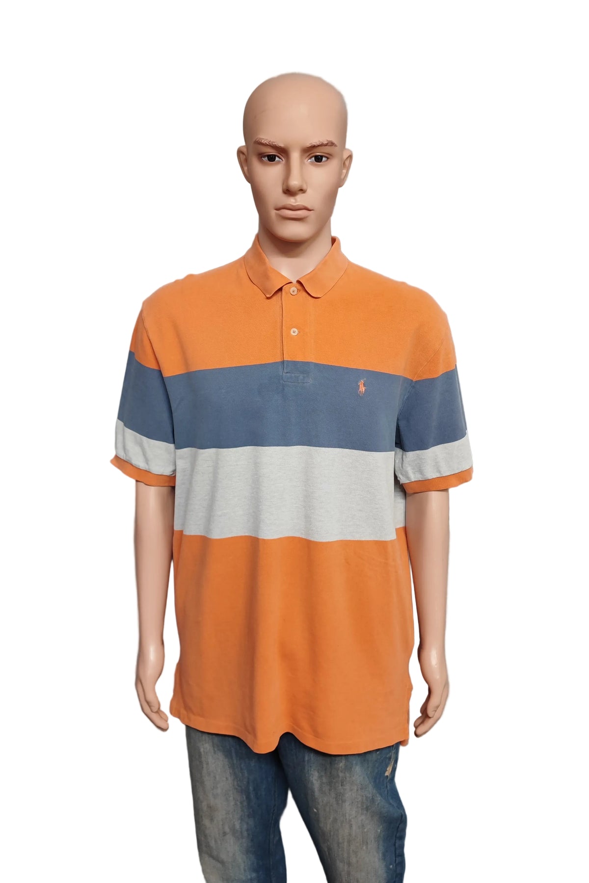 Vintage Ralph Lauren Striped Polo Shirt Orange Blue Grey Retro 90s Men's Size XL