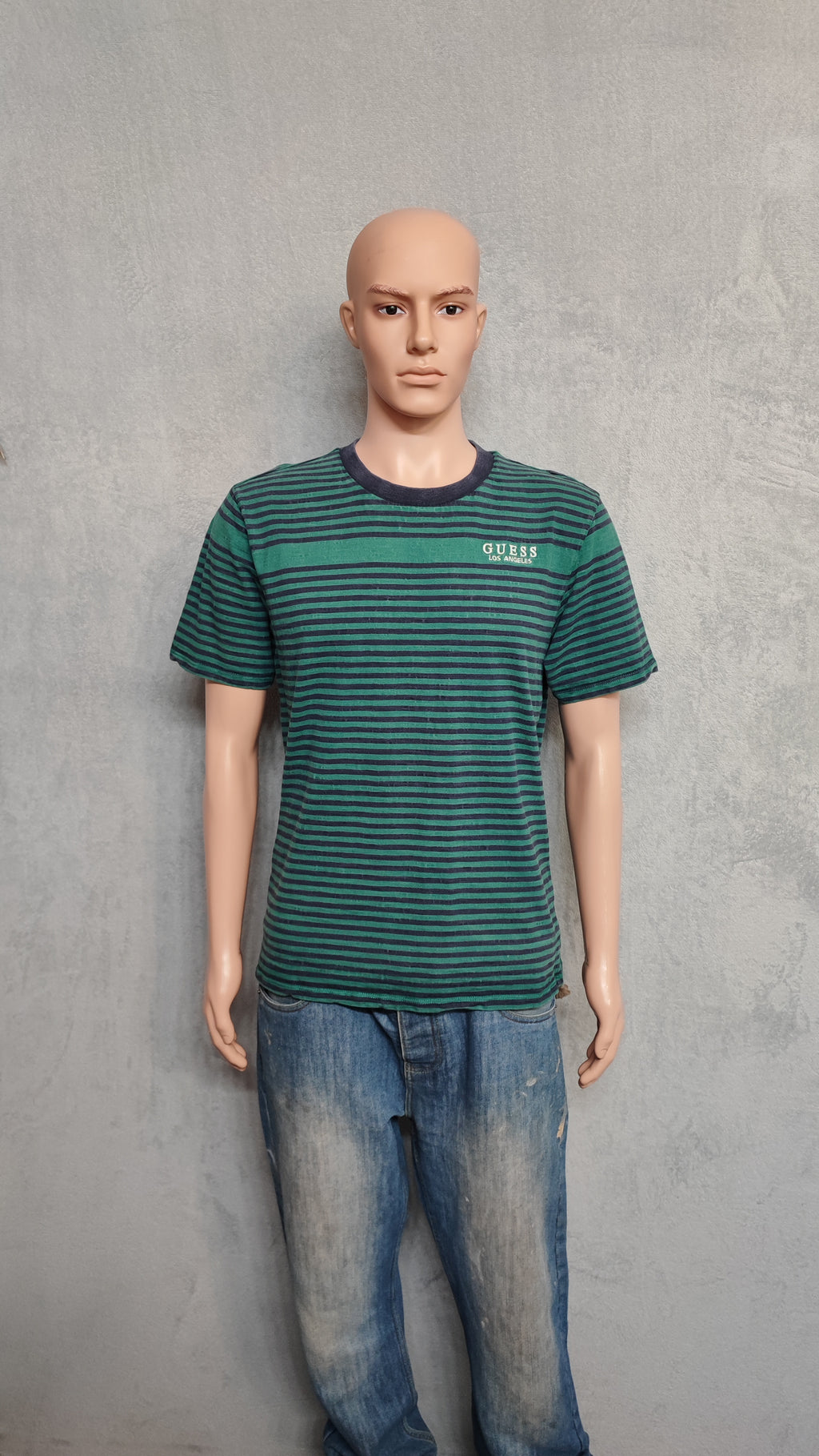 GUESS Originals Striped T-Shirt Green Navy Blue Mens Medium Retro Skater Tee