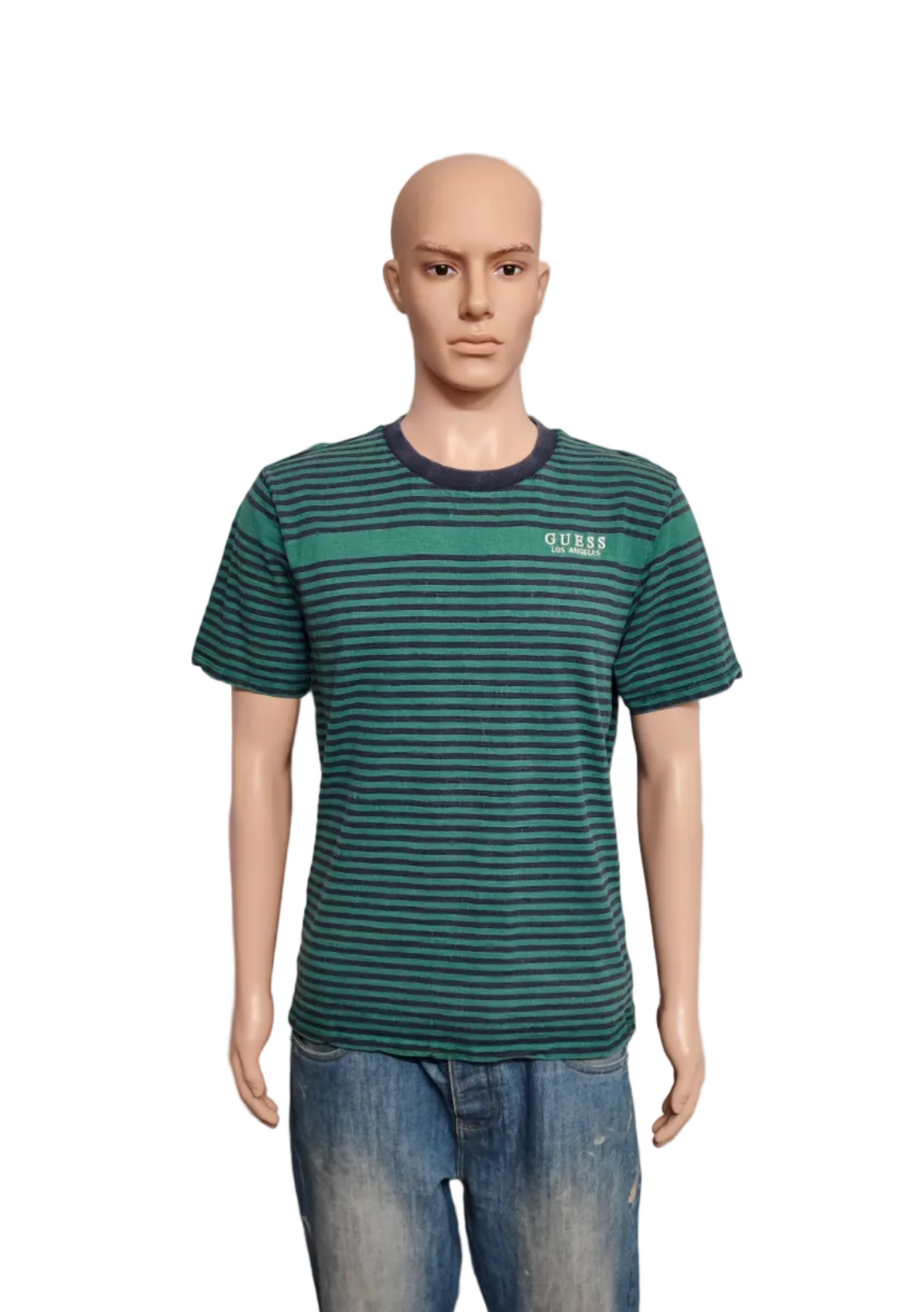 GUESS Originals Striped T-Shirt Green Navy Blue Mens Medium Retro Skater Tee