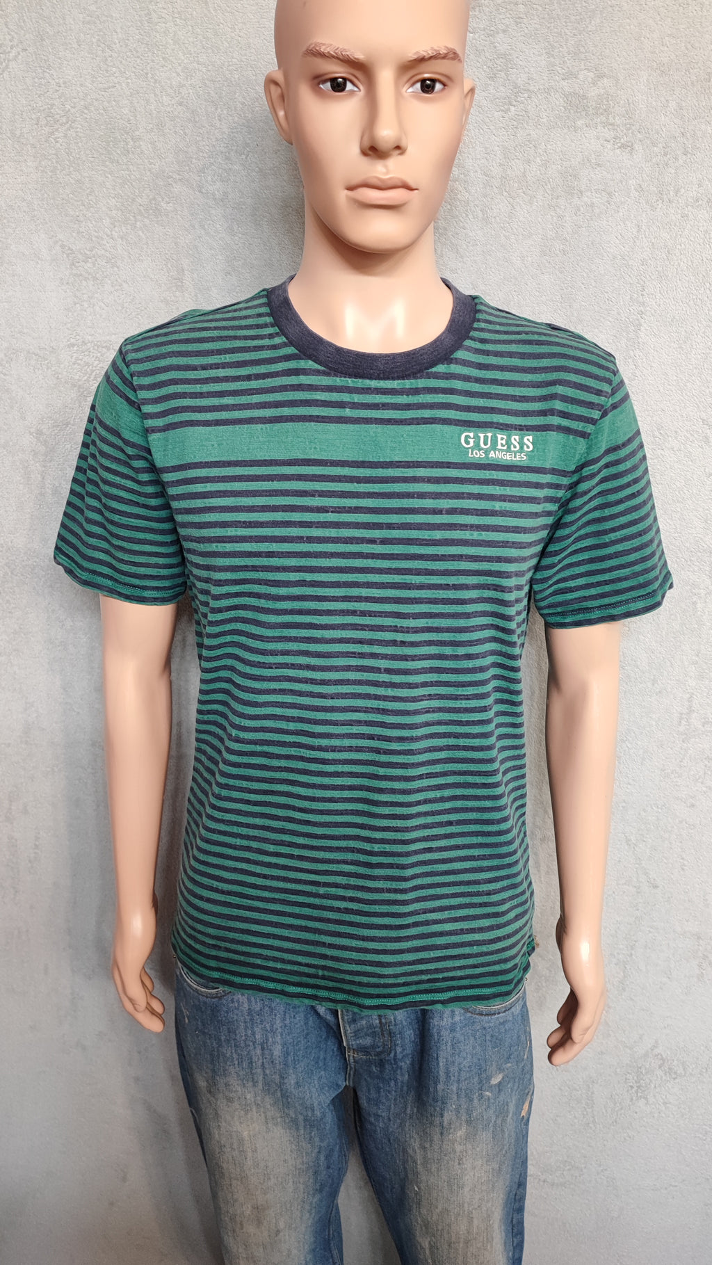 GUESS Originals Striped T-Shirt Green Navy Blue Mens Medium Retro Skater Tee