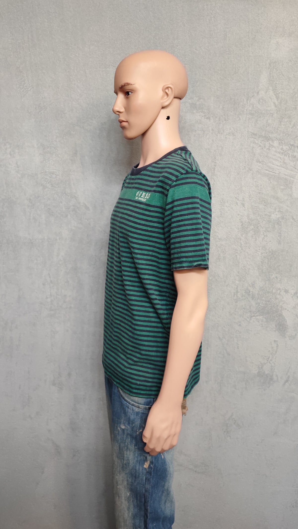 GUESS Originals Striped T-Shirt Green Navy Blue Mens Medium Retro Skater Tee