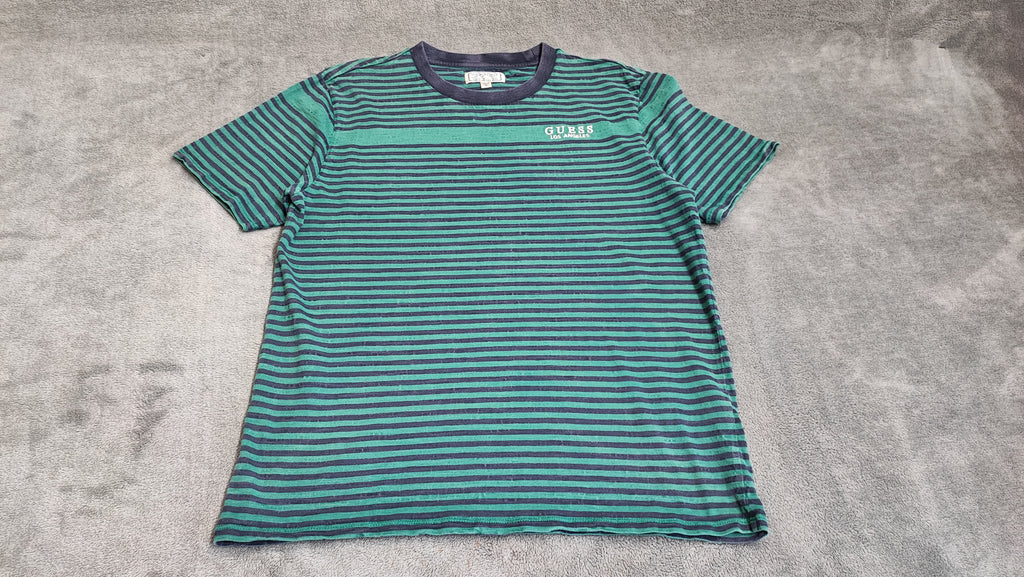 GUESS Originals Striped T-Shirt Green Navy Blue Mens Medium Retro Skater Tee