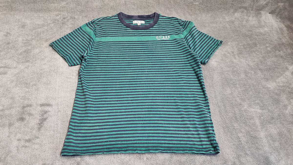 GUESS Originals Striped T-Shirt Green Navy Blue Mens Medium Retro Skater Tee