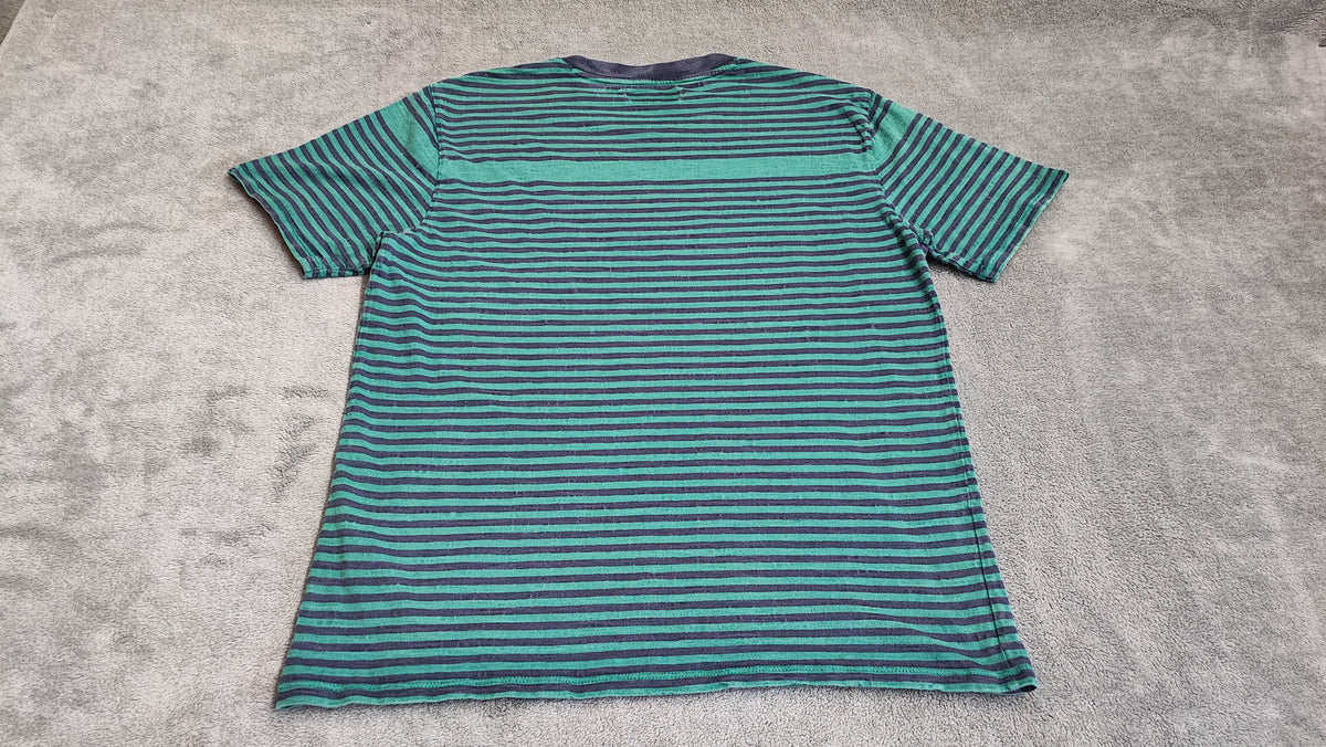 GUESS Originals Striped T-Shirt Green Navy Blue Mens Medium Retro Skater Tee