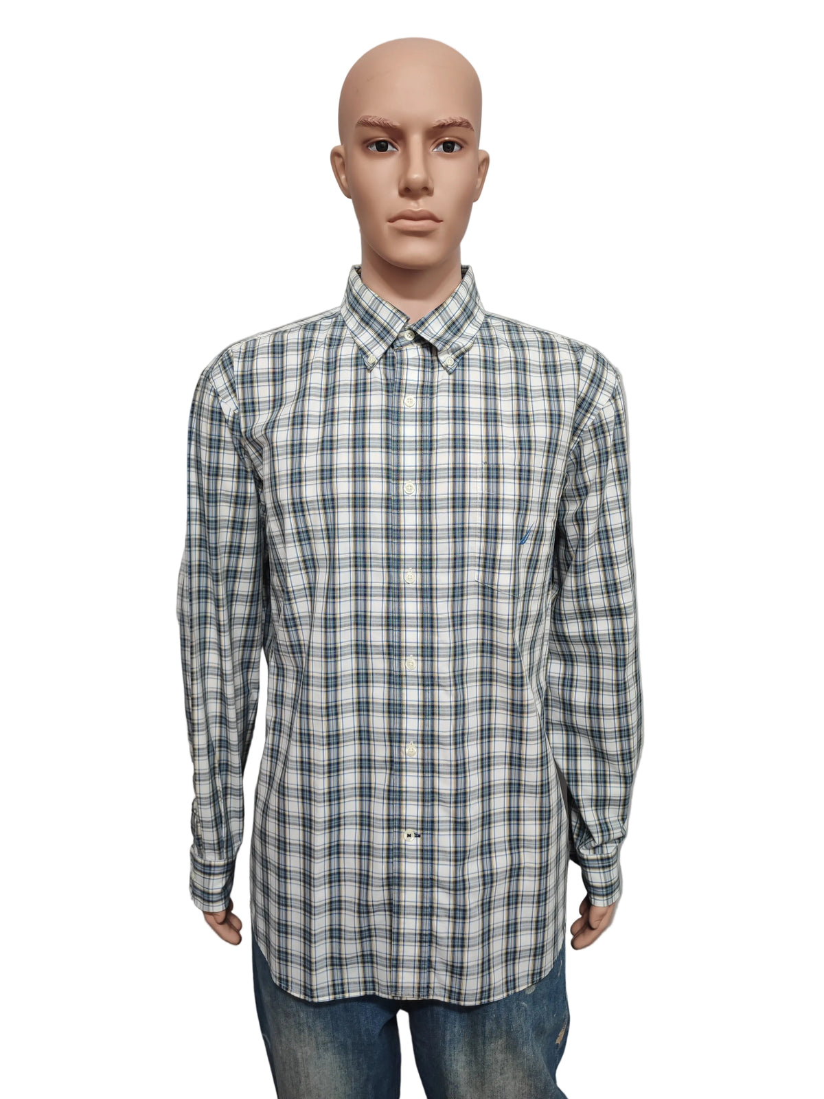 Vintage Nautica Wrinkle Resistant Checked Long Sleeve Sailboat Shirt Blue Men XL