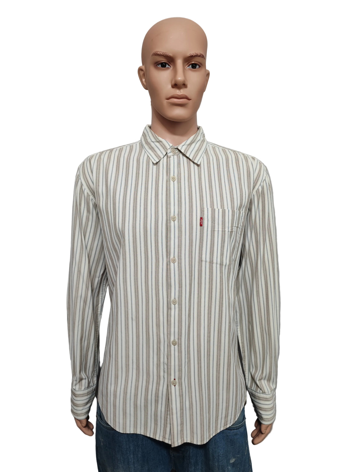 Vintage Levis Striped Shirt Large Cream Blue Brown Cotton Long Sleeve 90s Grunge