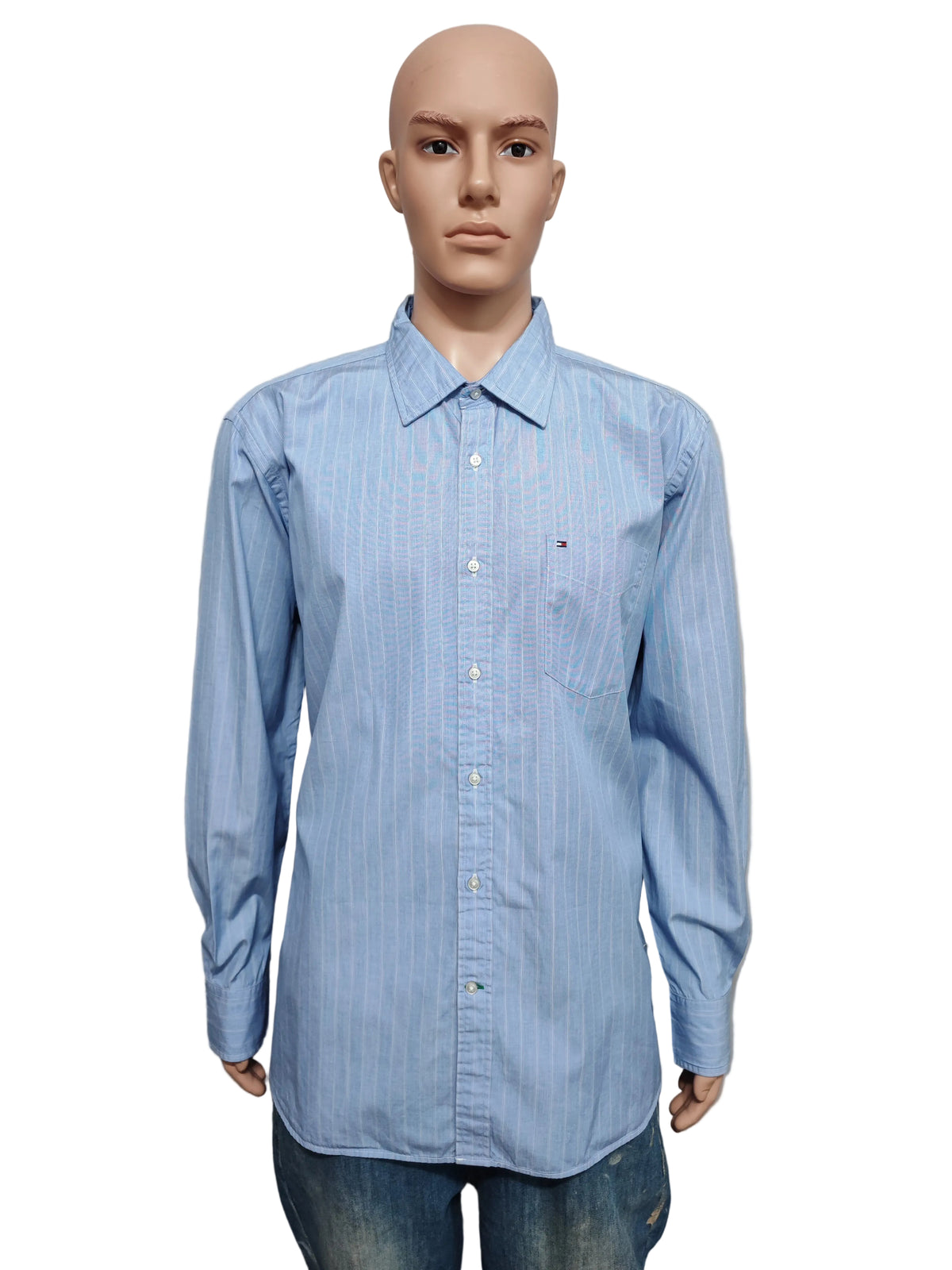 Vintage Tommy Hilfiger Striped Shirt XL Blue White Yellow Cotton 90s Preppy Dad