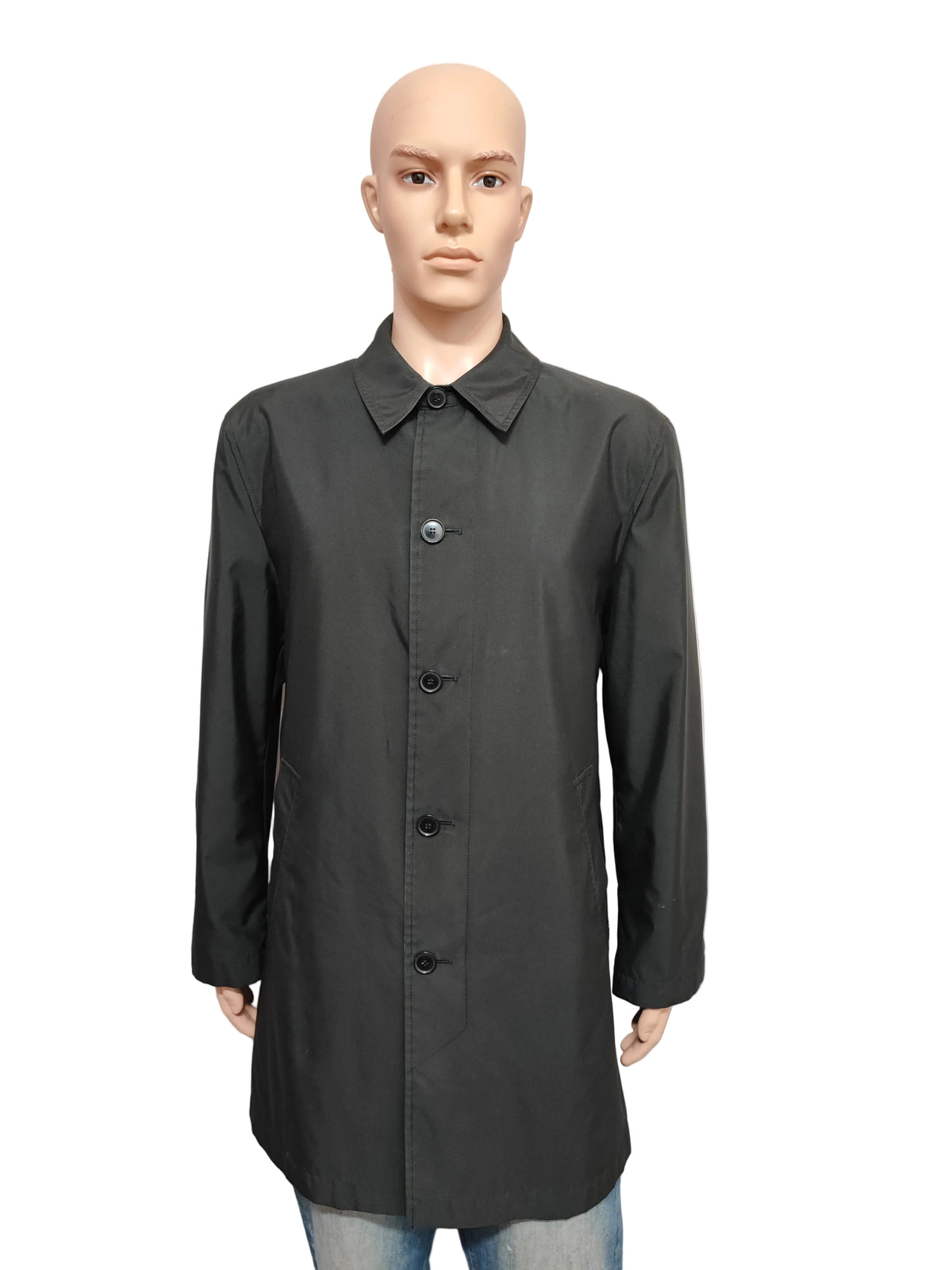 Vintage M&S Autograph Plain Black Concealed Hood Trench Coat Jacket Men Large