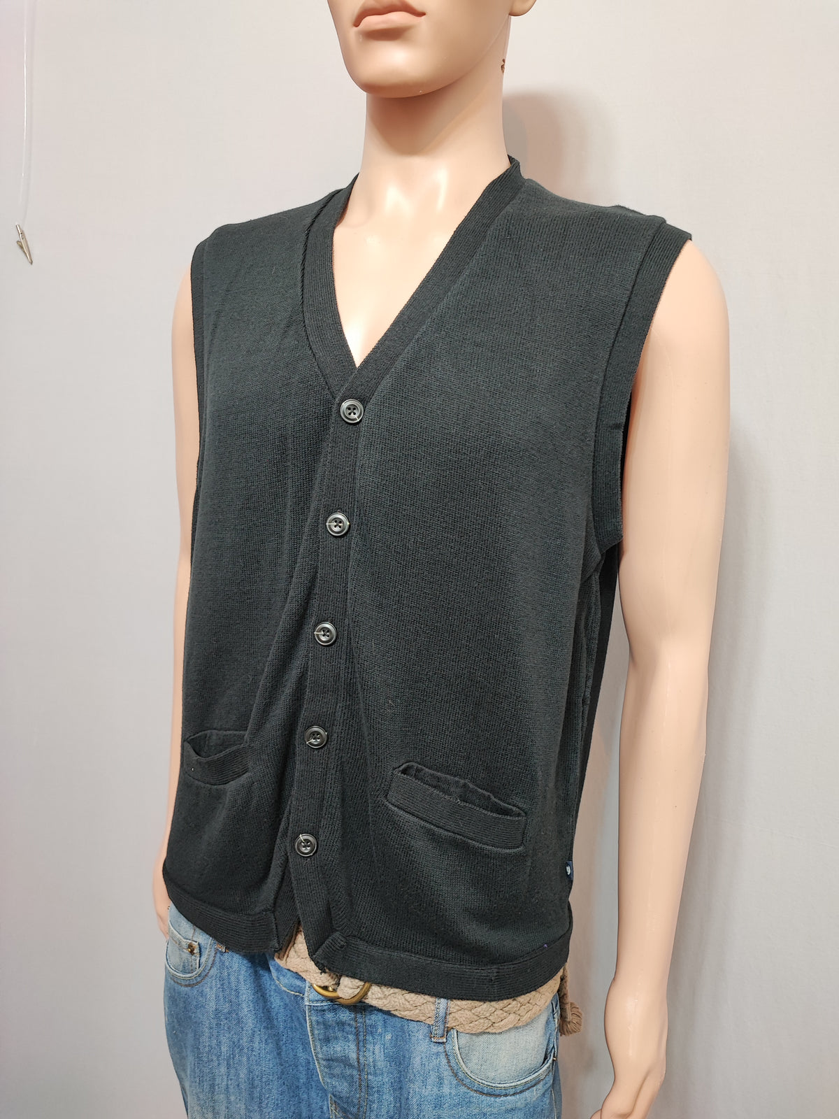 Vintage Chaps Ralph Lauren Plain Faded Black Knit Vest Jumper Men Size Large