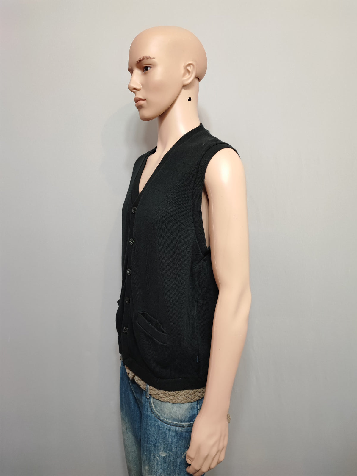 Vintage Chaps Ralph Lauren Plain Faded Black Knit Vest Jumper Men Size Large
