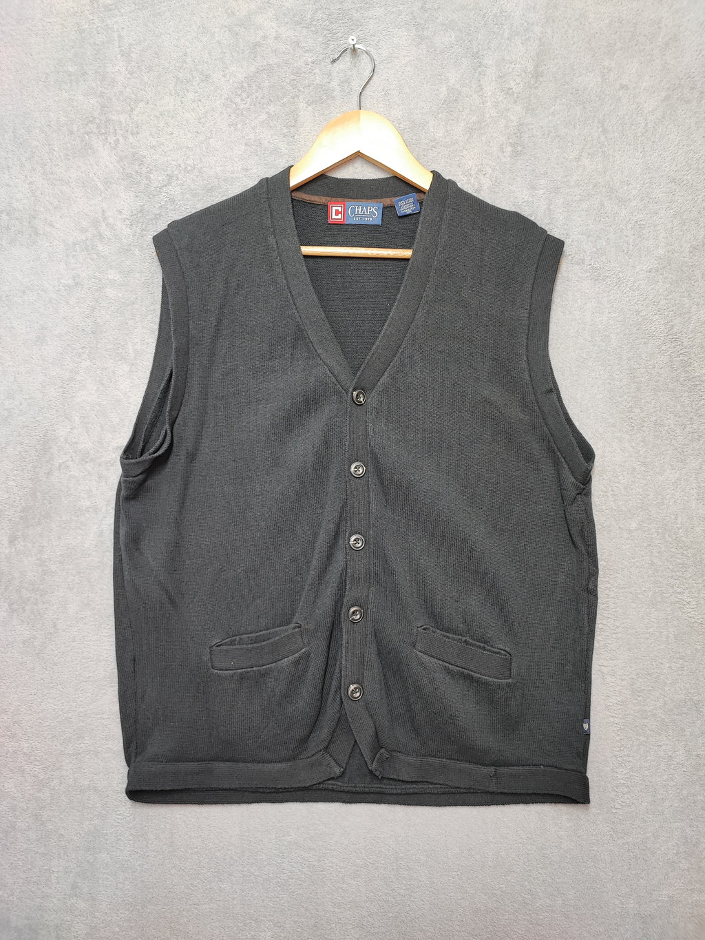 Vintage Chaps Ralph Lauren Plain Faded Black Knit Vest Jumper Men Size Large