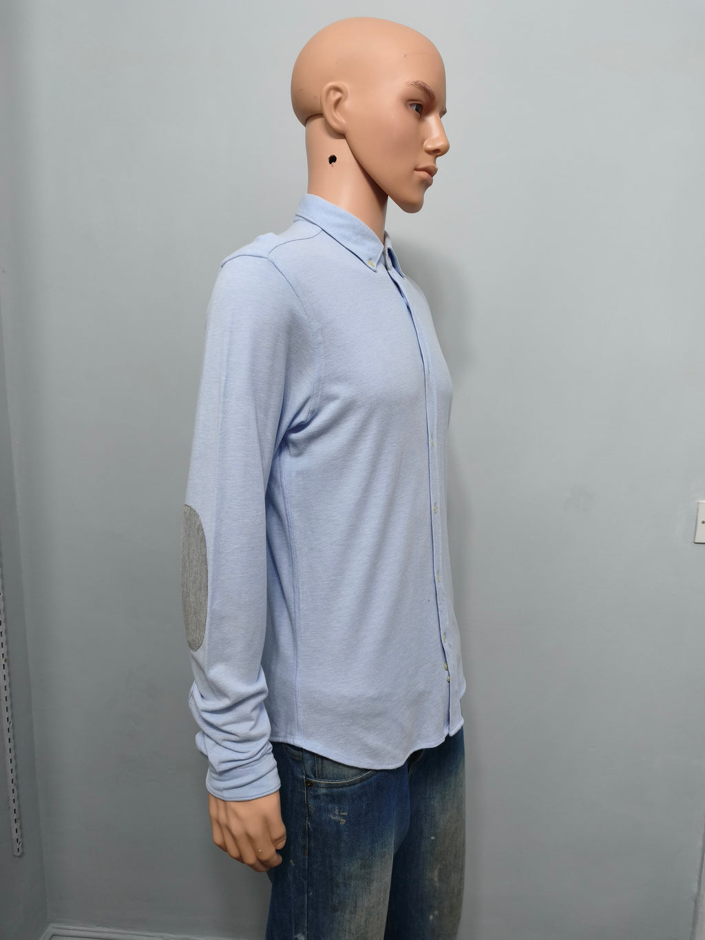 Vintage Zara Man Plain Long Sleeve Shirt Blue Contrast Elbow Patches Men Size M