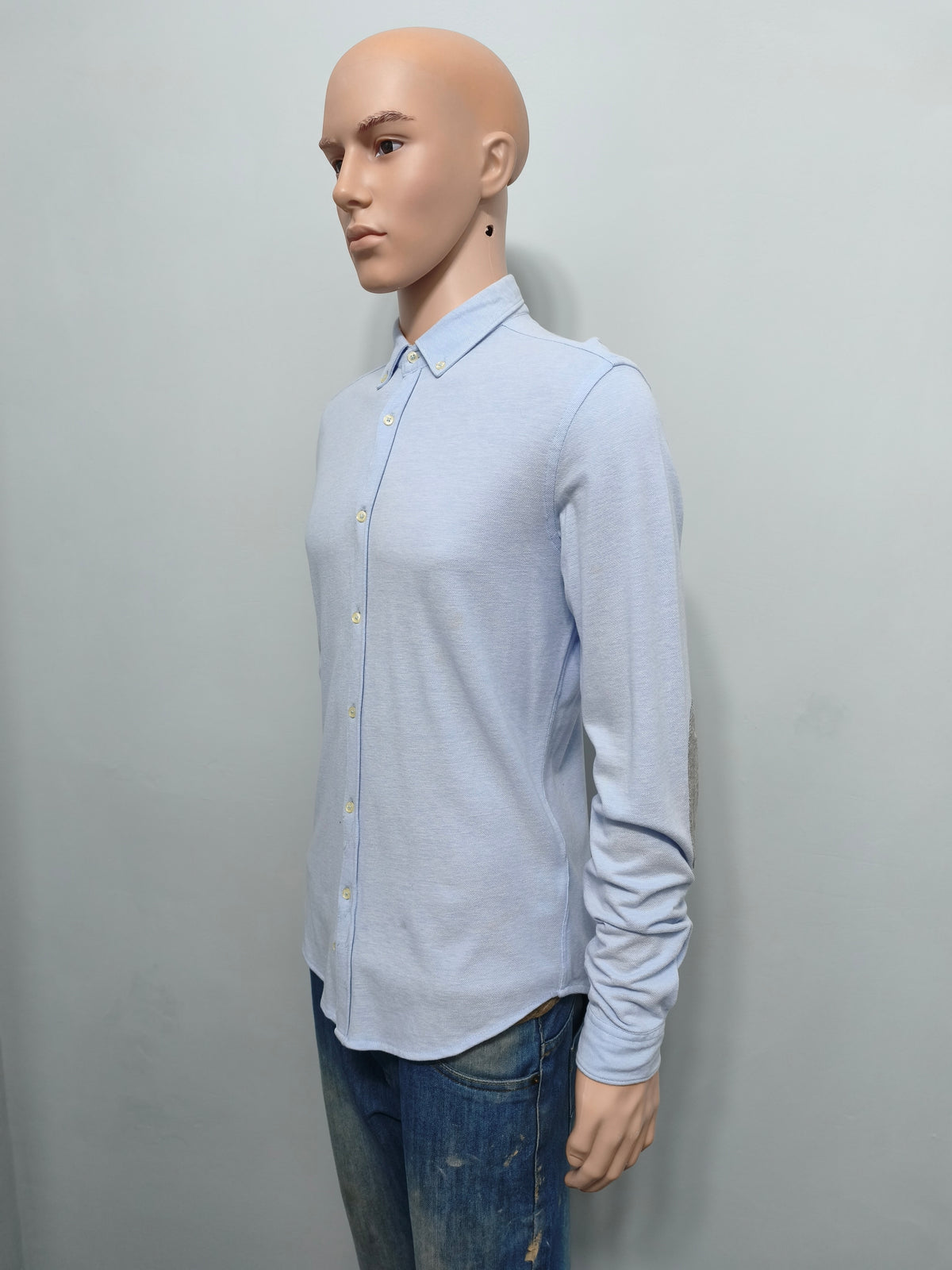Vintage Zara Man Plain Long Sleeve Shirt Blue Contrast Elbow Patches Men Size M