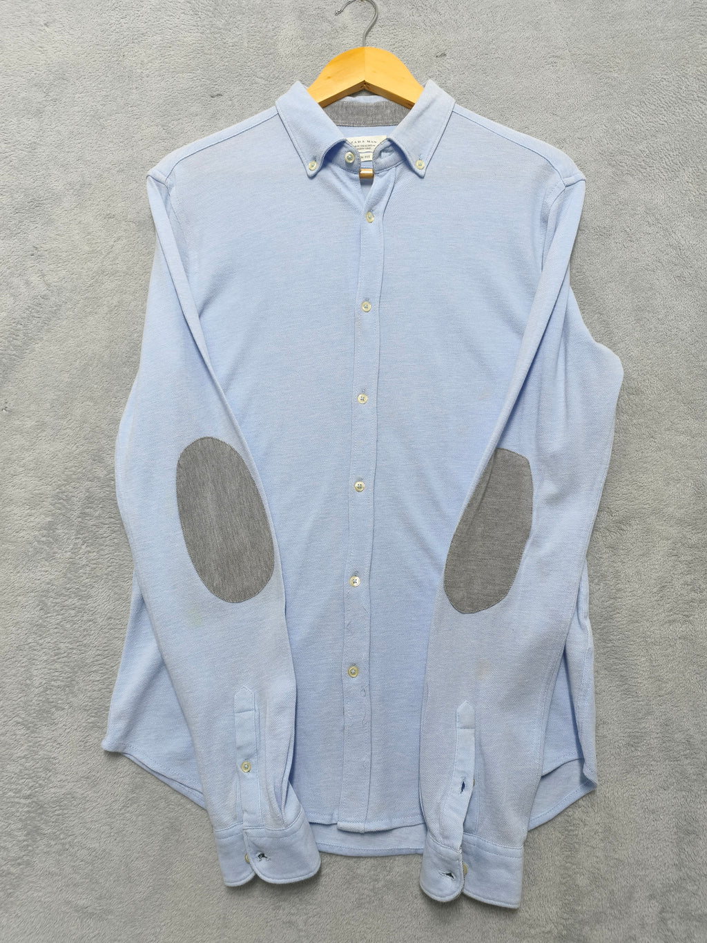 Vintage Zara Man Plain Long Sleeve Shirt Blue Contrast Elbow Patches Men Size M