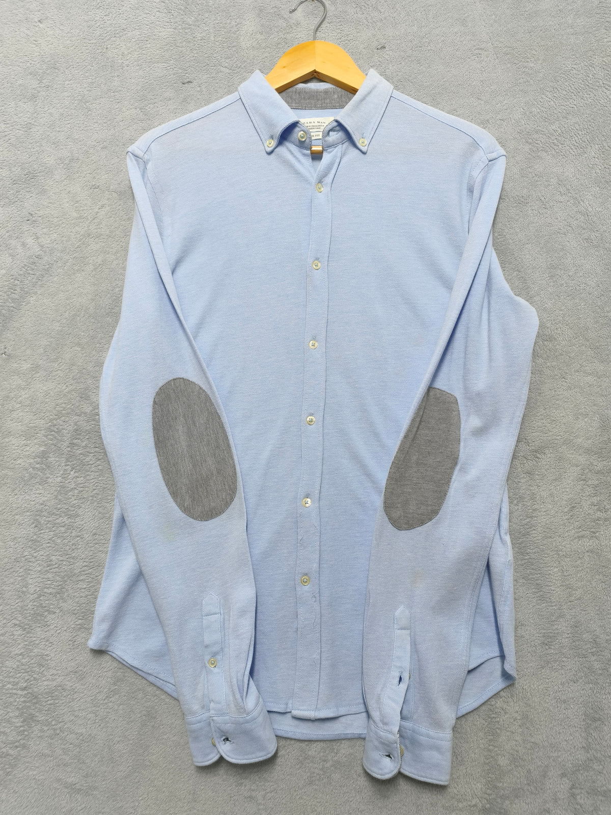 Vintage Zara Man Plain Long Sleeve Shirt Blue Contrast Elbow Patches Men Size M