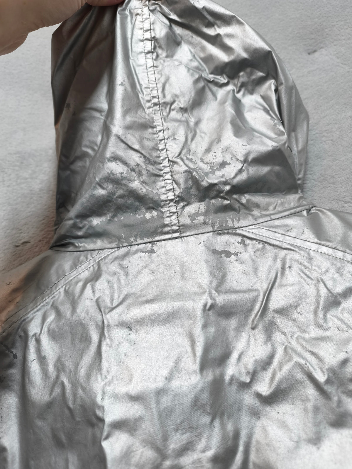 Vintage Nike "Big Shirt" Era Metallic Silver Foil & Black Swoosh Windbreaker XXL
