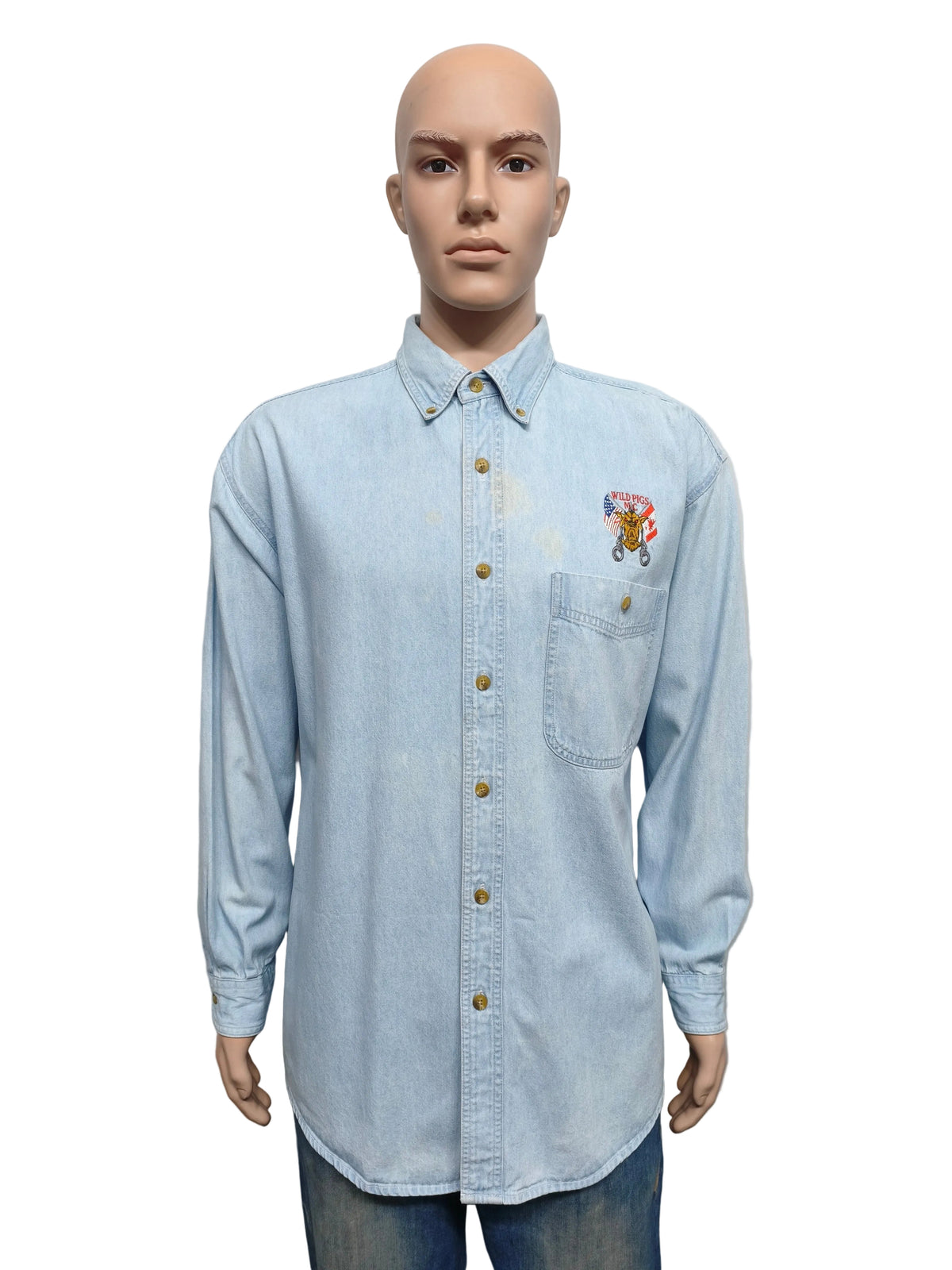Vintage Lee Wild Pigs MC Custom Denim Long Sleeve Shirt Blue Men's Size XL