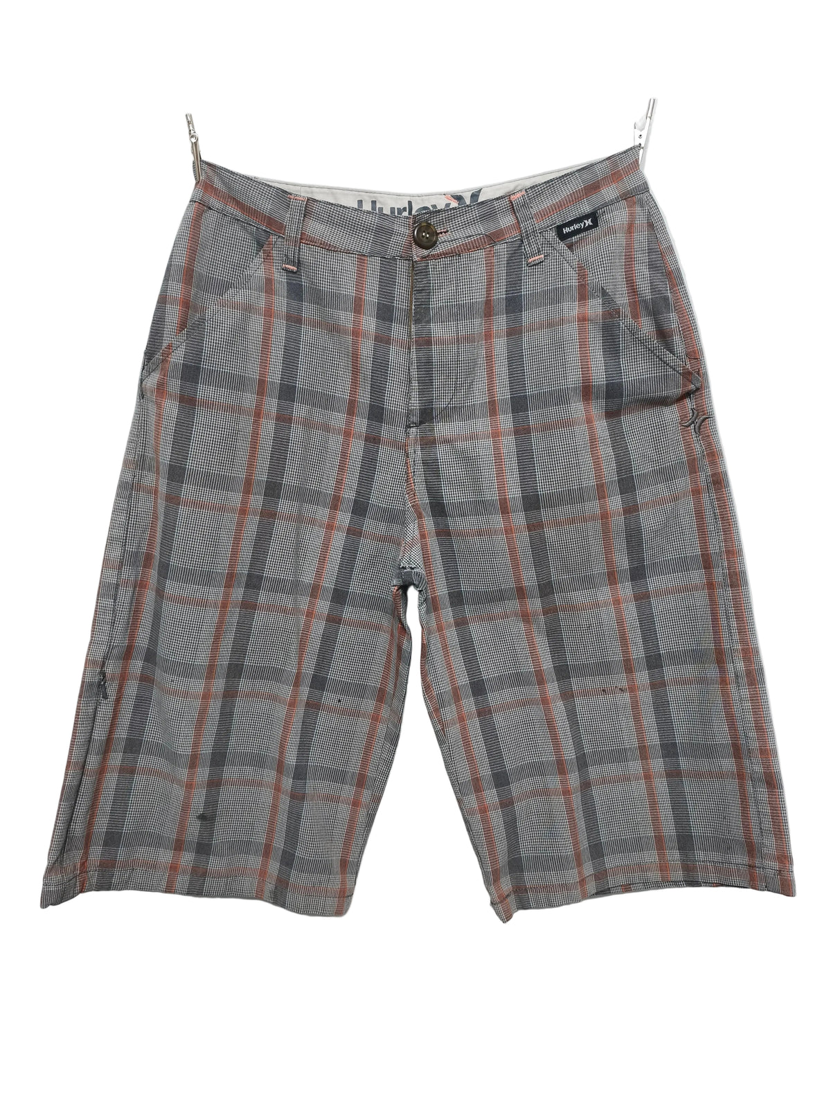 Vintage Hurley Plaid Shorts Grey Orange Y2K Skater Grunge Surf Longline 28W